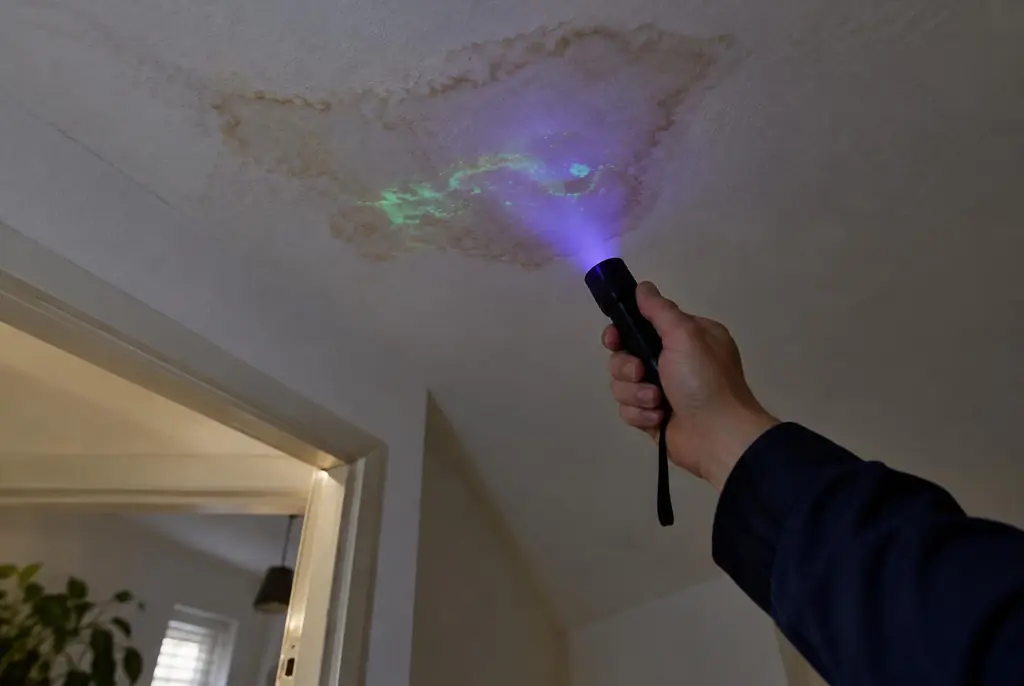 Lekdetectie Uithoorn – kleurstof controleren op het plafond met uv-licht