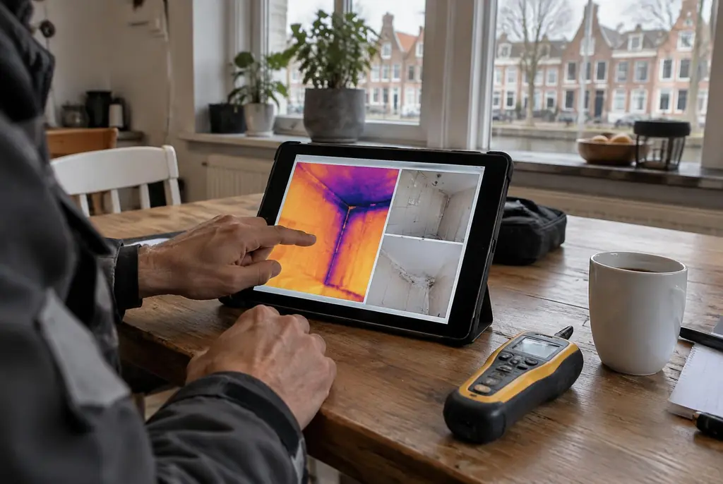 Lekdetectie Uithoorn – lekdetectierapport met warmtebeelden en foto's op een tablet