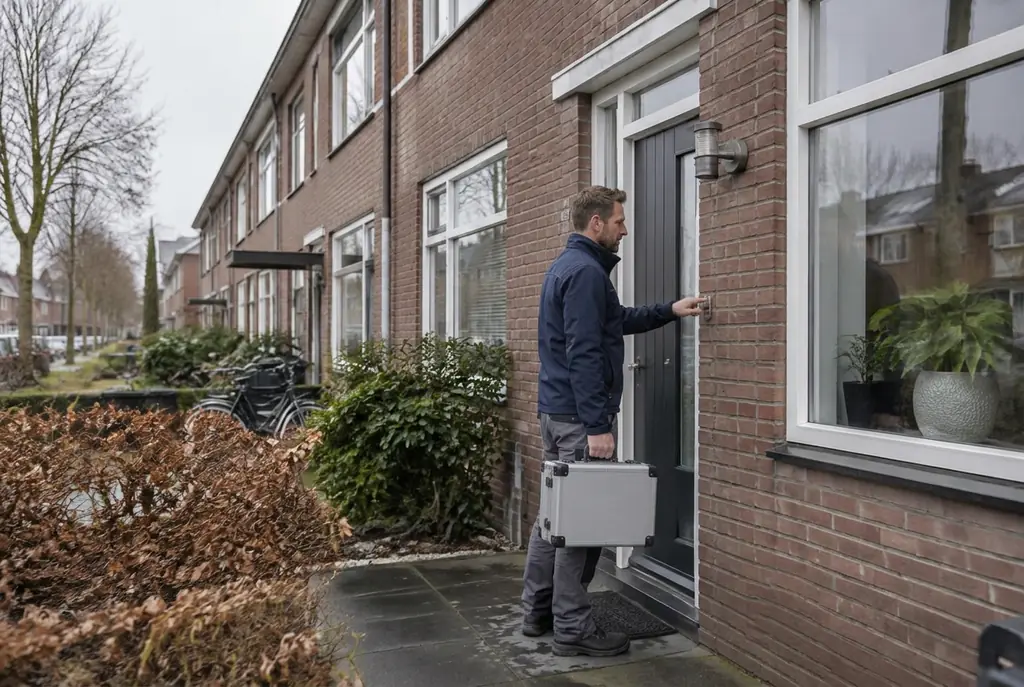 Lekdetectiespecialist met meetkoffer bij de voordeur van een woning in Uithoorn